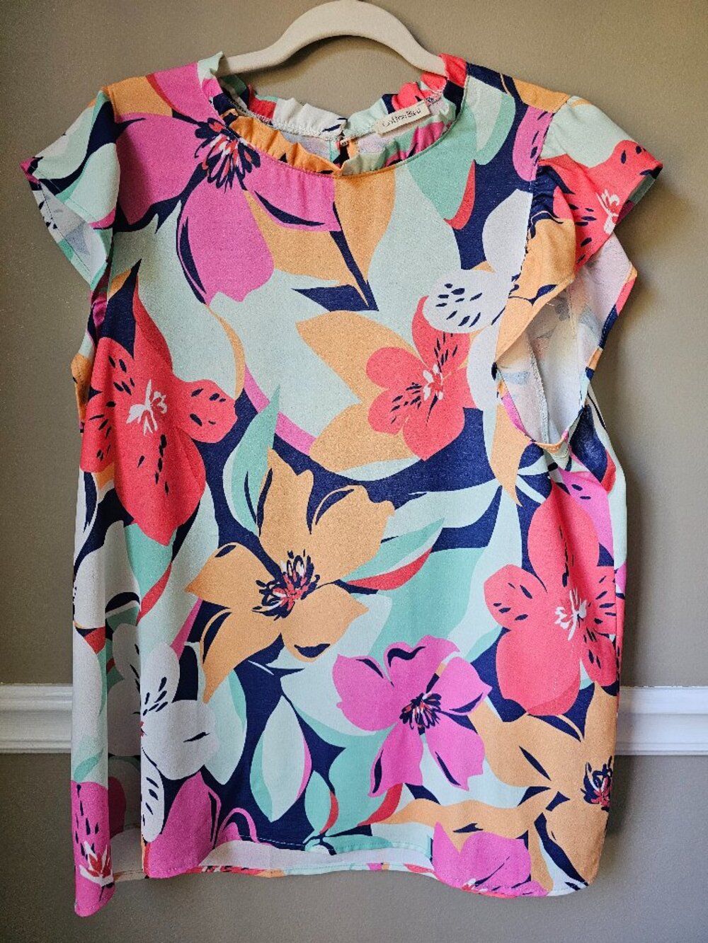 Cotton Bleu Floral Blouse Size L Colorful Tropical Print Flutter Sleeve Top